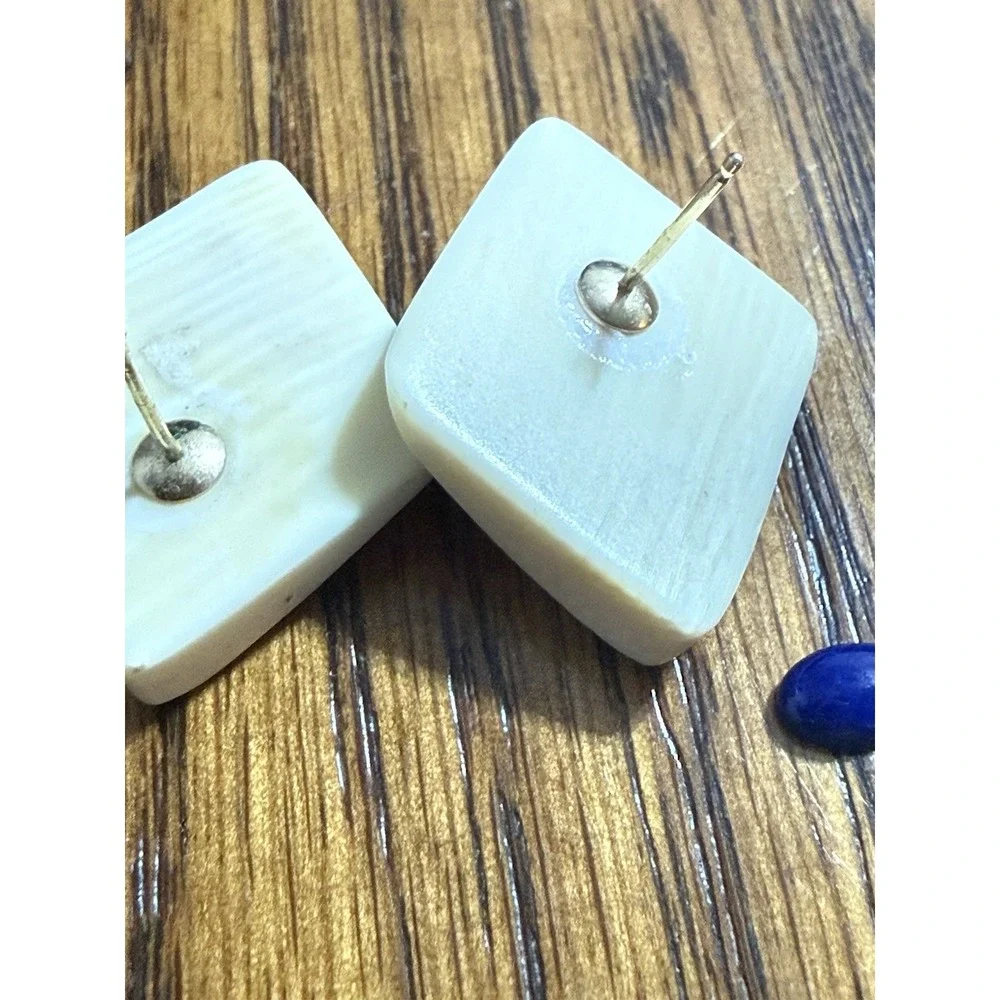 Mother Of Pearl Or Bone Lapis Lazuli Cabochons Earrings 14 K Gold Marked 14KH